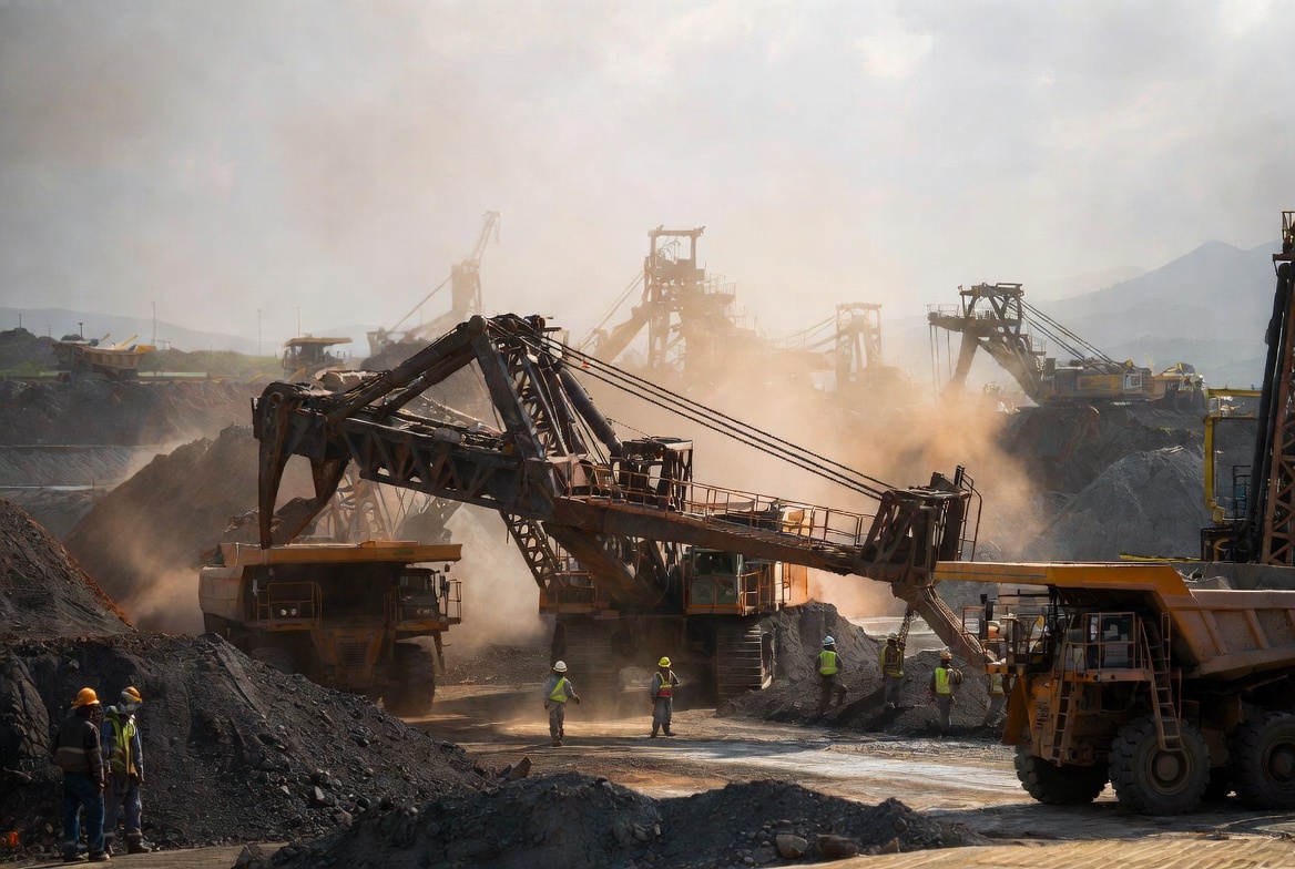 Massive excavators operating at a large copper open pit mine