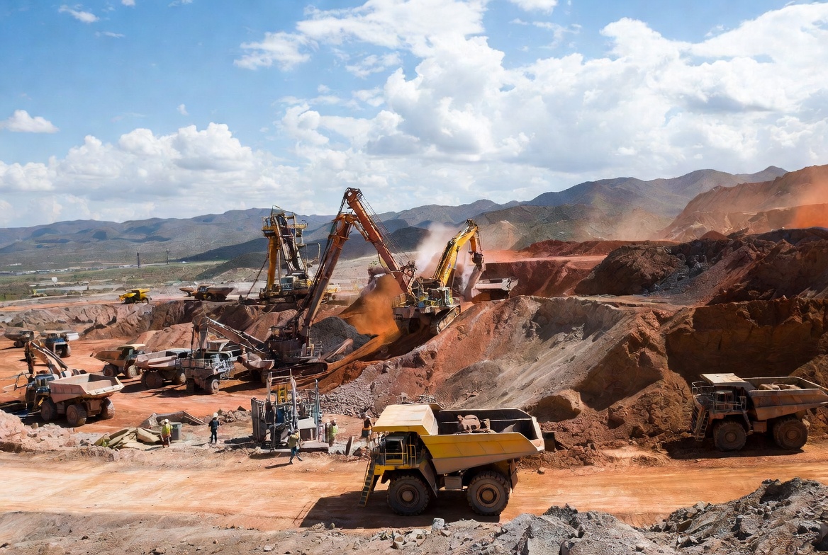 Sunny open pit copper mine with excavators and dump trucks