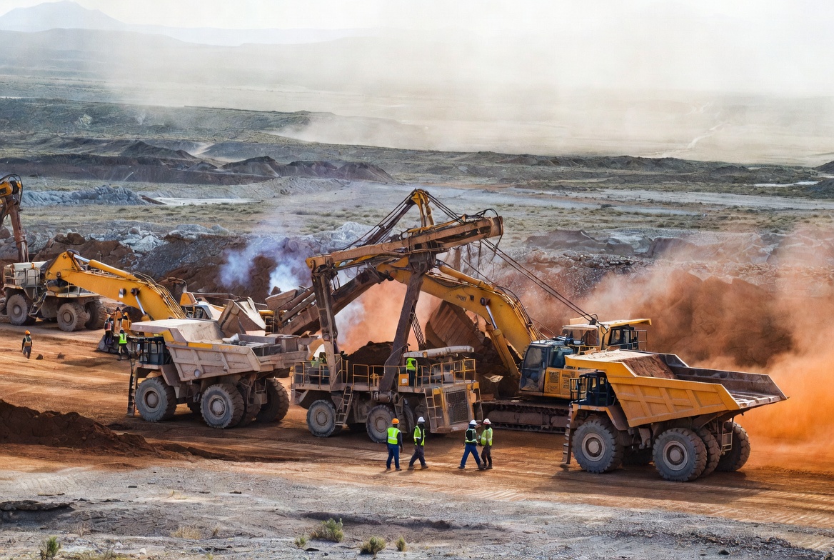 Heavy mining equipment operating at a copper extraction site with orange dust