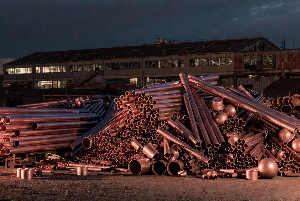 Stacks of copper pipes and tubes at a metal processing yard at dusk