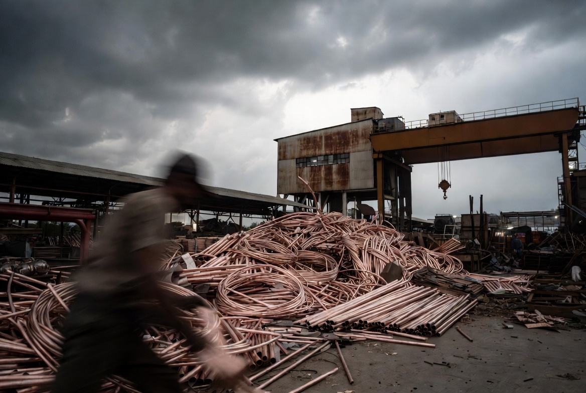 Copper scrap metal yard with recyclable wires and pipes