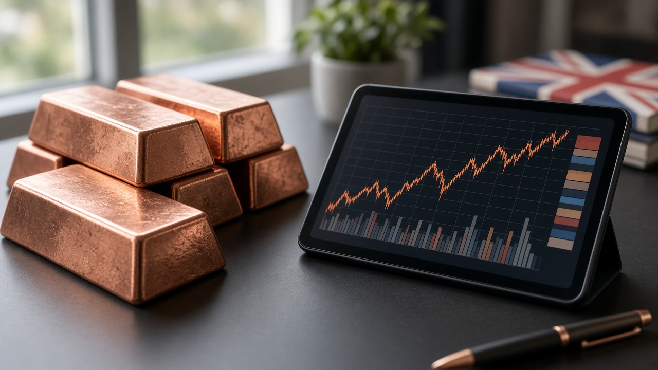 Copper bars beside a tablet with ETF charts on a UK investor desk