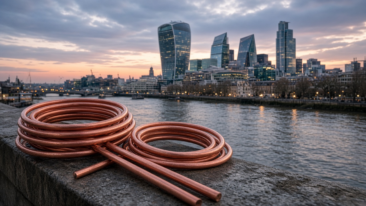 London skyline with copper pipes suggesting LME copper pricing context