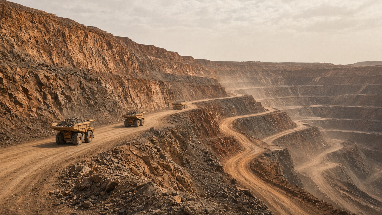 Open-pit copper mine haul roads representing LSE-listed mining stocks