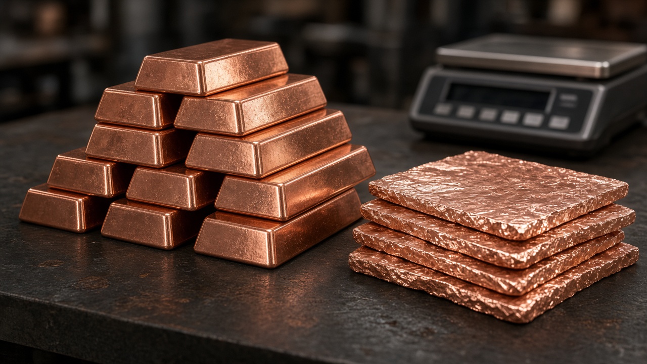Stacked polished copper bullion bars on a scale for UK physical buyers