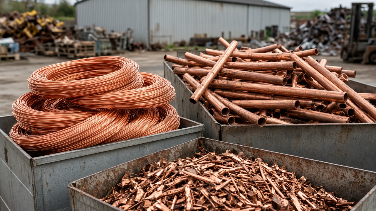 Sorted bare bright copper wire and pipes at a UK scrap recycling yard